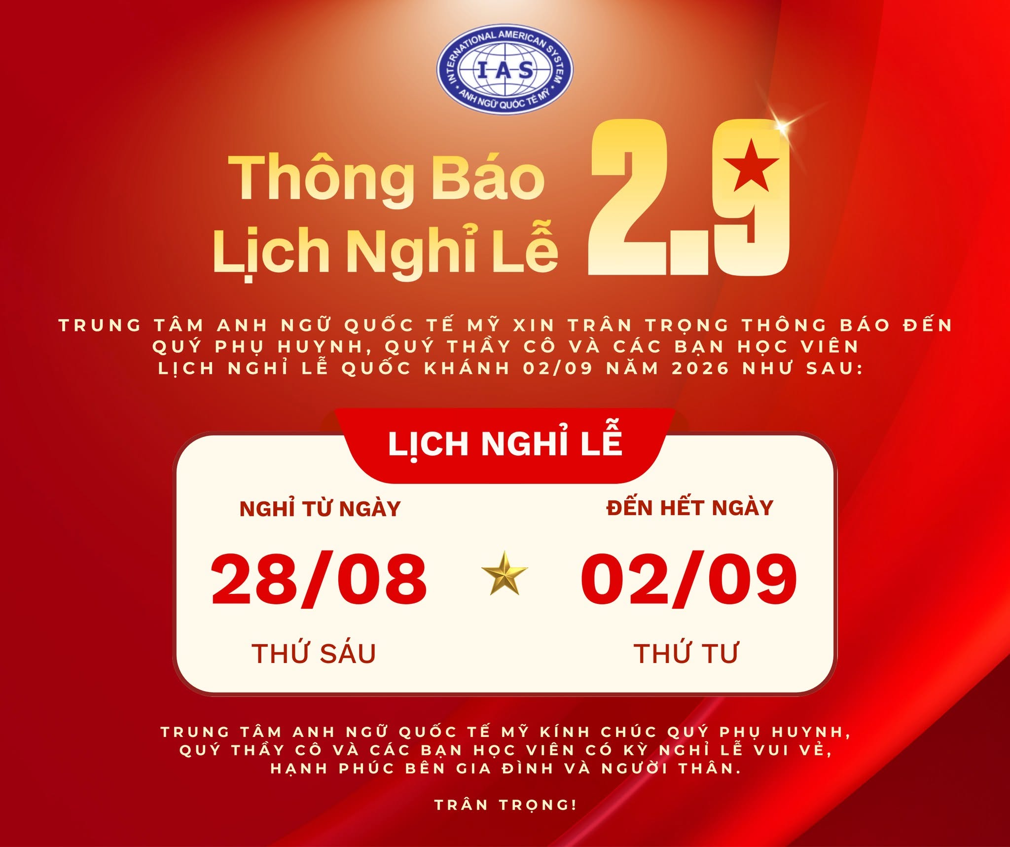 THÔNG BÁO NGHỈ LỄ QUỐC KHÁNH 02/09 NĂM 2026