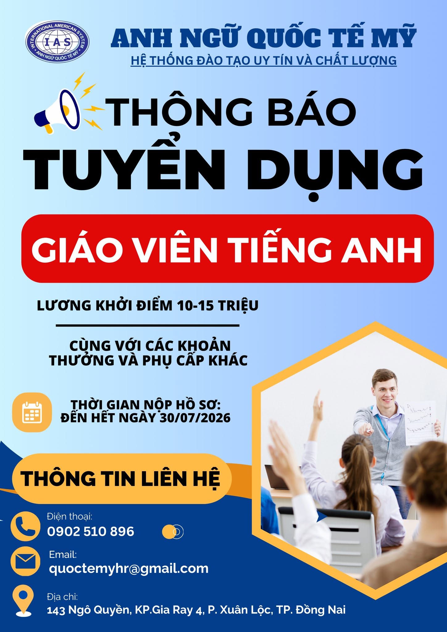 TUYỂN DỤNG 2026 – TRUNG TÂM ANH NGỮ QUỐC TẾ MỸ
