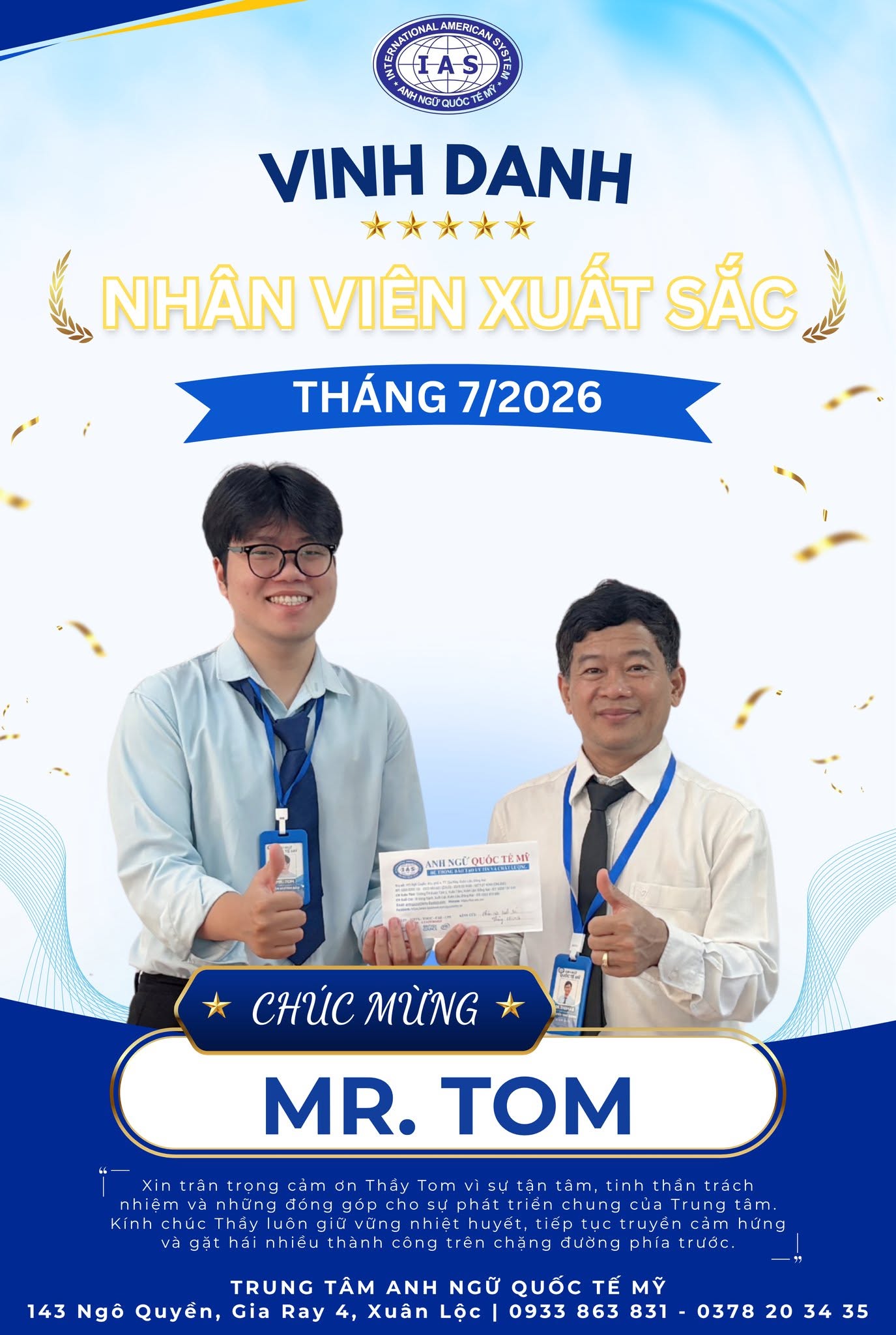 TRUNG TÂM ANH NGỮ QUỐC TẾ MỸ TRÂN TRỌNG VINH DANH NHÂN VIÊN XUẤT SẮC THÁNG 07/2026 