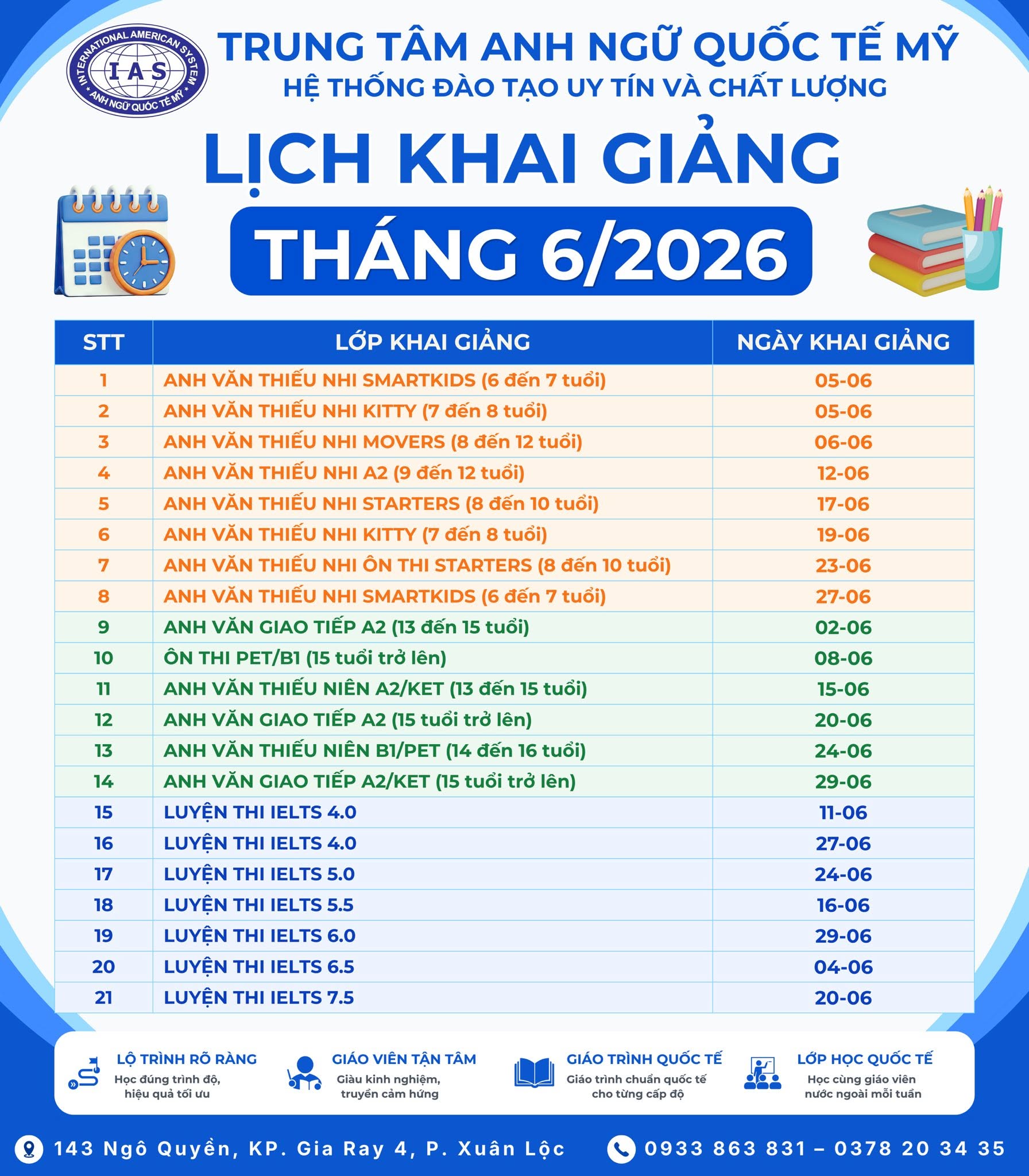THÁNG 6 – TUYỂN SINH & KHAI GIẢNG CÁC LỚP HÈ TẠI ANH NGỮ QUỐC TẾ MỸ