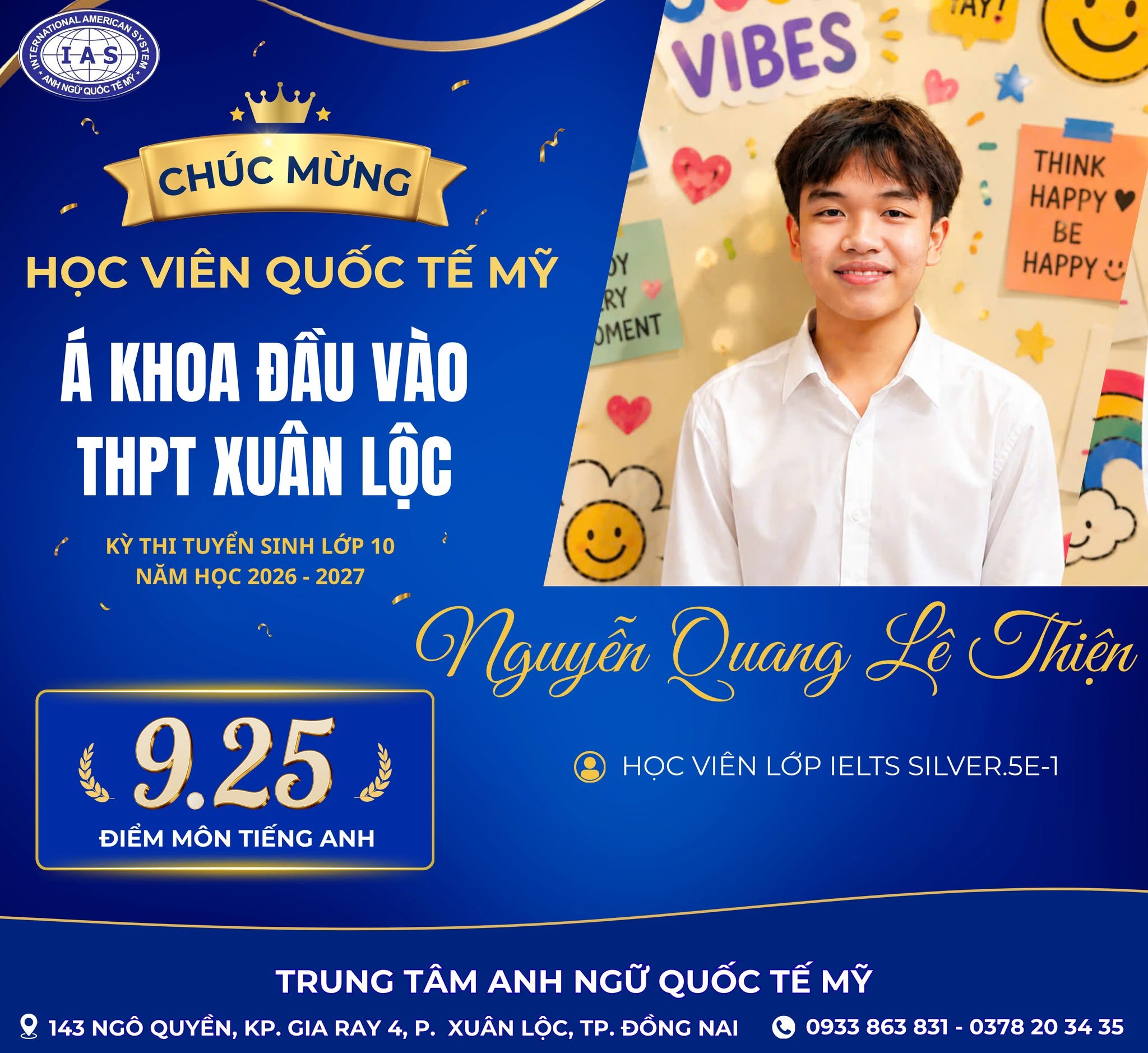 CHÚC MỪNG HỌC VIÊN NGUYỄN QUANG LÊ THIỆN Á KHOA ĐẦU VÀO TRƯỜNG THPT XUÂN LỘC  