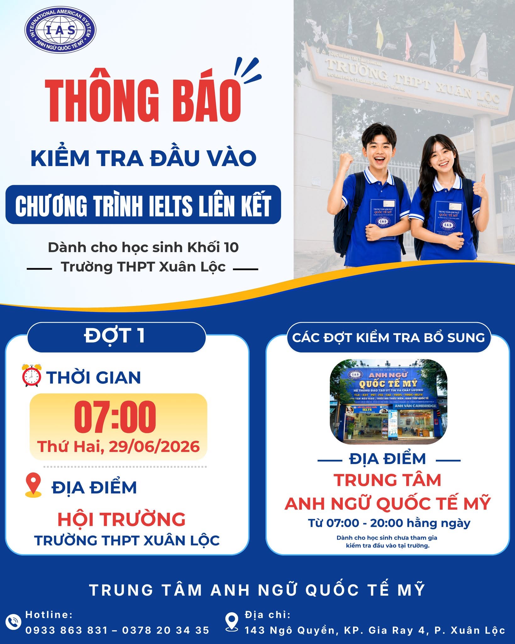 CHƯƠNG TRÌNH IELTS LIÊN KẾT GIỮA ANH NGỮ QUỐC TẾ MỸ VÀ TRƯỜNG THPT XUÂN LỘC DÀNH CHO HỌC SINH KHỐI 10