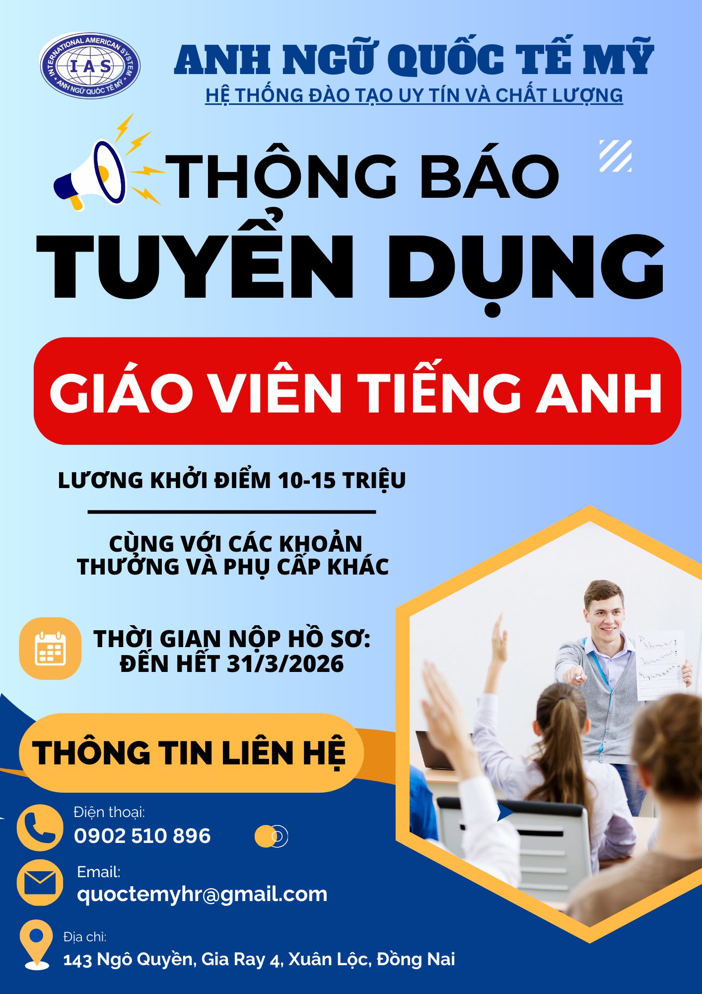 TUYỂN DỤNG 2026 – TRUNG TÂM ANH NGỮ QUỐC TẾ MỸ